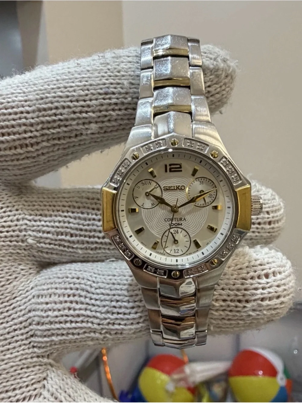 Seiko Coutura SUK008 Womens Diamond Watch Two Tone Multi Hand Calendar 100M